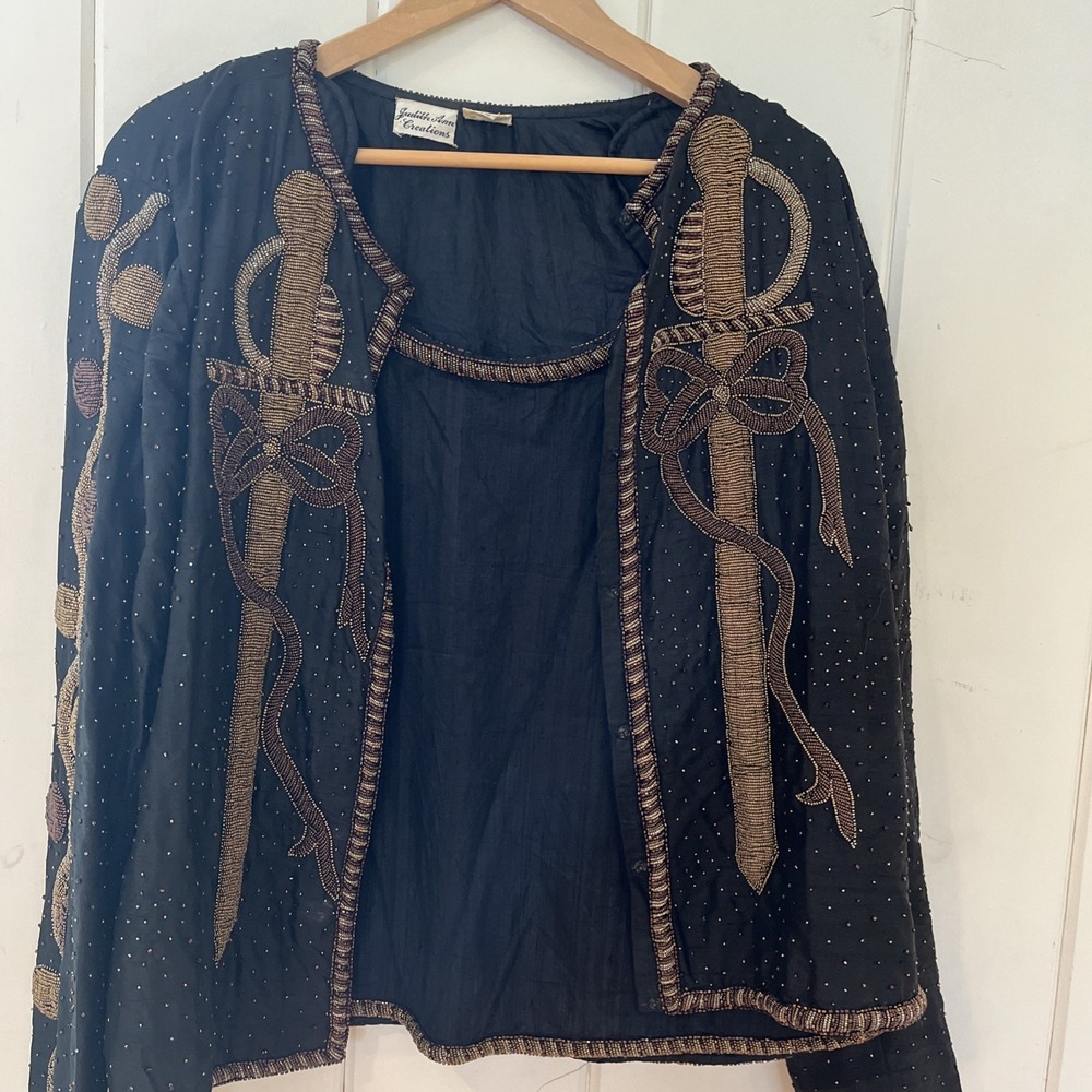 JUDITH ANN CREATIONS Vtg Size XL Black Silk Beaded Sequined Jacket Tank Top Set